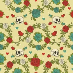 Seamless ornament in a retro style with skulls and roses