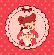 Vintage cartoon little girl with puppy N2