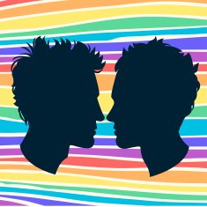 Profiles of two men homosexual couple Rainbow background