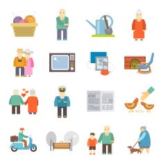 Pensioners life flat icons set