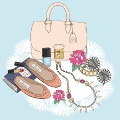 Fashion essentials Background with bag makeup and flowers