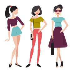 Three fashionable girl Flat vector illustration