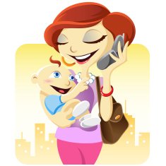 Working Mom with Mobile Phone and Carrying Baby N2