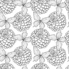 seamless background with monochrome black and white butterflies dahlias
