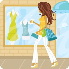 Cartoon woman window shopping for summer dresses