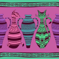 Ethnic seamless pattern with ornated cats and vases