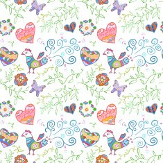 Floral seamless pattern with flowers bird hearts and butterfly