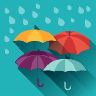 Card with multicolor umbrellas in flat design style