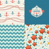 Seamless patterns of marine symbols and label in vintage style