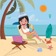 sexy girl working and relaxing on the beach vector illustration N2