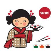 Japanese girl with traditional food Sushi