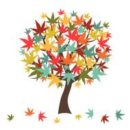 Stylized autumn tree with falling leaves for greeting card N3