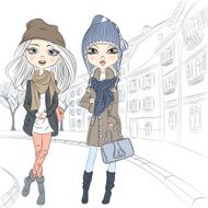 Vector beautiful fashion girl in old town N2