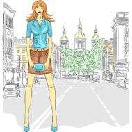 Vector beautiful fashion girl on the street in St Petersburg