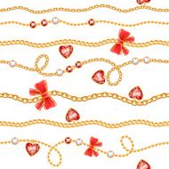 Golden chains &amp; red gemstones with bows pattern on white