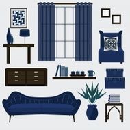 Living room furniture and accessories in navy blue