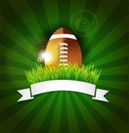 Rugby football American ball on grass with ribbon