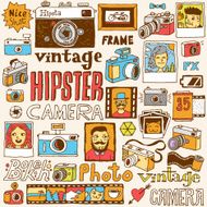 Hipster cameras doodle hand drawn vector colorful set