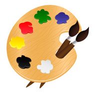 Wooden palette with paints and brushes - vector illustration