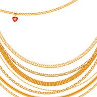 Assorted golden chains on white background with heart pendant