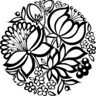 black-and-white floral arrangement in the shape of a circle
