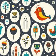 Seamless pattern with flowers and birds on gray background