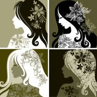 Vector set of closeup portraits - woman with flower