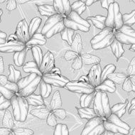 black and white seamless background with lilies butterflies N3