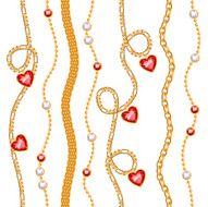Golden chains &amp; red gemstones seamless pattern on white