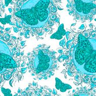 Blue Floral Seamless Background with Butterflies