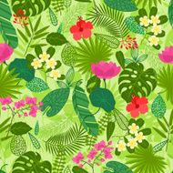 Seamless pattern with tropical plants leaves and flowers N2