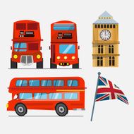 London red bus big ben and Great Britain waving flag