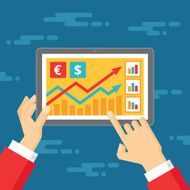 Exchange rates Human hands and tablet illustration in flat style