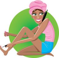 Young woman painting toenails and talking on the phone
