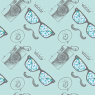 Hipster seamless pattern Retro camera mustaches and glasses