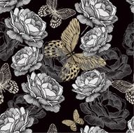 Seamless pattern with blooming roses and butterflies on black background
