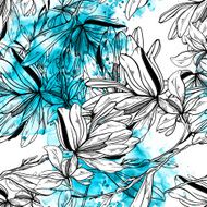 monochrome graphic flowers with watercolor - seamless pattern