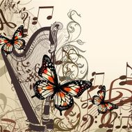 Music vector background with harp notes and butterflies