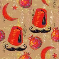 Turkish seamless pattern with pomegranate fez mustache and Crescent Star