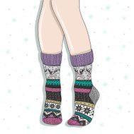 Woman wearing a pair of wool socks Cute winter background