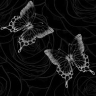 black and white seamless background with butterflies flowers roses