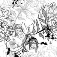 grunge monochrome seamless pattern with roses and spots of paint
