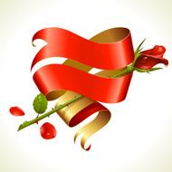 Ribbon banner in the shape of heart and red rose