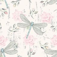 grungy floral seamless pattern with dragonflies