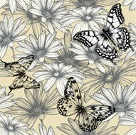 Seamless floral pattern with butterflies hand drawing Vector illustration