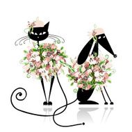 Glamor cat and dog in floral clothes for your design