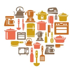 Kitchen Utensils and Appliances Icons in Heart Shape