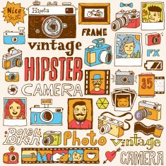 Hipster cameras doodle hand drawn vector colorful set
