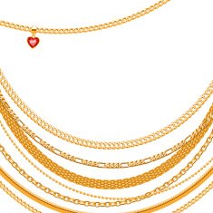 Assorted golden chains on white background with heart pendant