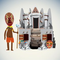 shaman character and hut - vector illustration